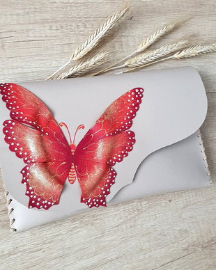 poseta plic handmade unicat din piele - RED Butterfly