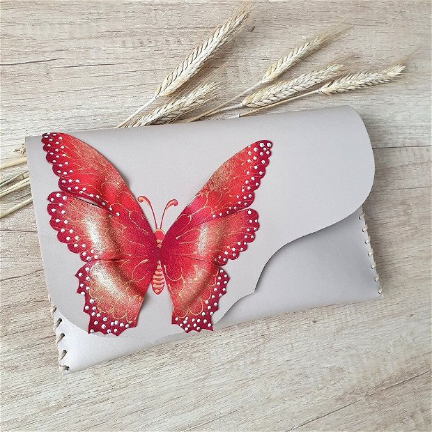 poseta plic handmade unicat din piele - RED Butterfly
