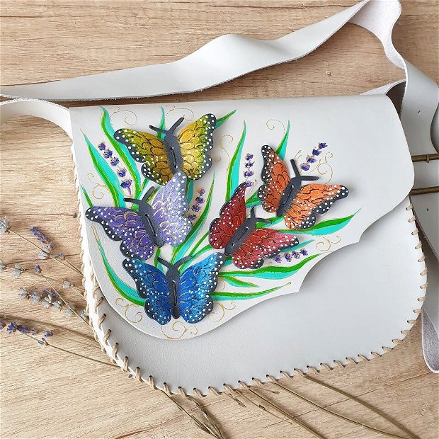 Geanta "Crossbody" handmade unicat- Rainbow Butterflies