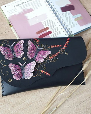 poseta plic handmade unicat din piele - Fuchsia Butterflies