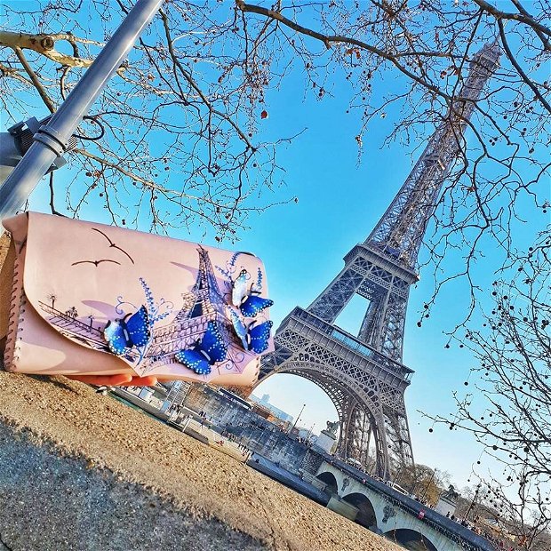 Geanta "Crossbody" handmade unicat -Paris with butterflies