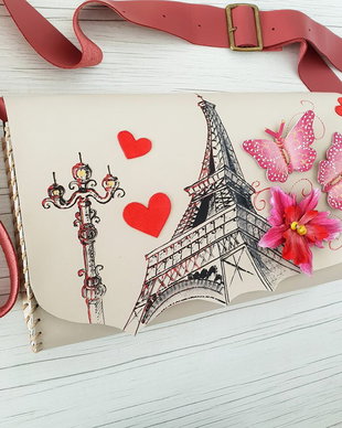poseta plic handmade unicat din piele - Butterflies in Paris