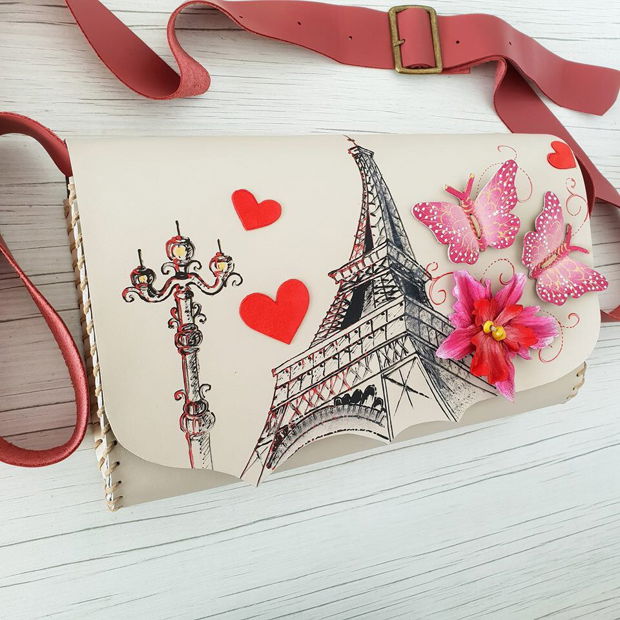 poseta plic handmade unicat din piele - Butterflies in Paris