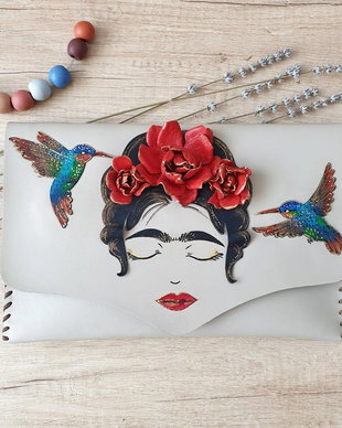 poseta plic handmade unicat din piele - Frida Kahlo