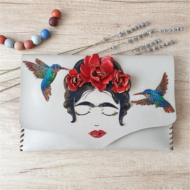 poseta plic handmade unicat din piele - Frida Kahlo