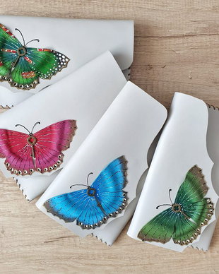poseta plic handmade unicat din piele -Butterflies in Colors