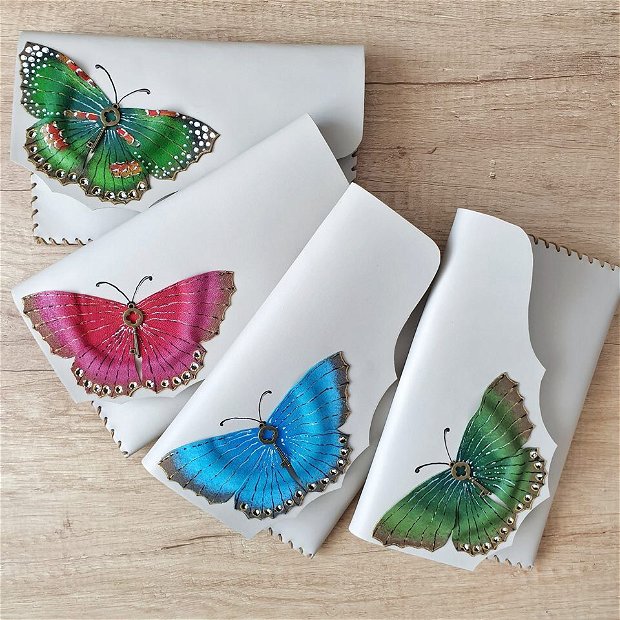 poseta plic handmade unicat din piele -Butterflies in Colors