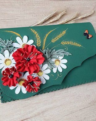 Poseta plic handmade unicat din piele naturala - Wildflowers Bouquet