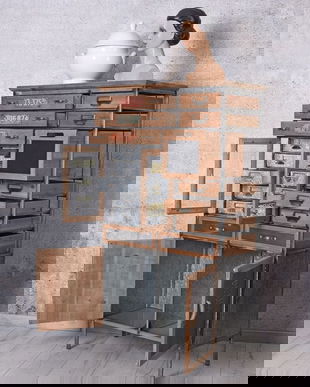 Comoda industriala din lemn masiv maro cu metal