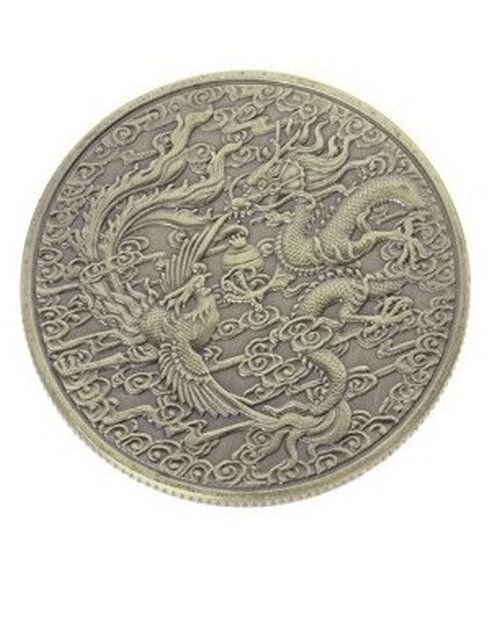 K0940 - Moneda comemorativa traditionala de colectie, alama bronz, dragon pasarea phoenix, 40x3mm