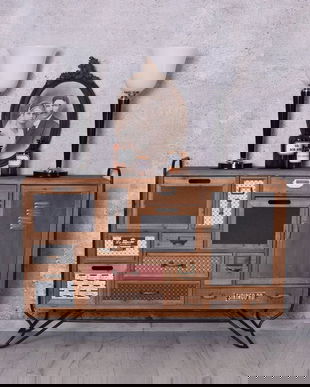 Comoda industriala din lemn masiv maro cu metal