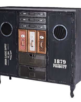 Comoda industriala din lemn masiv negru cu metal