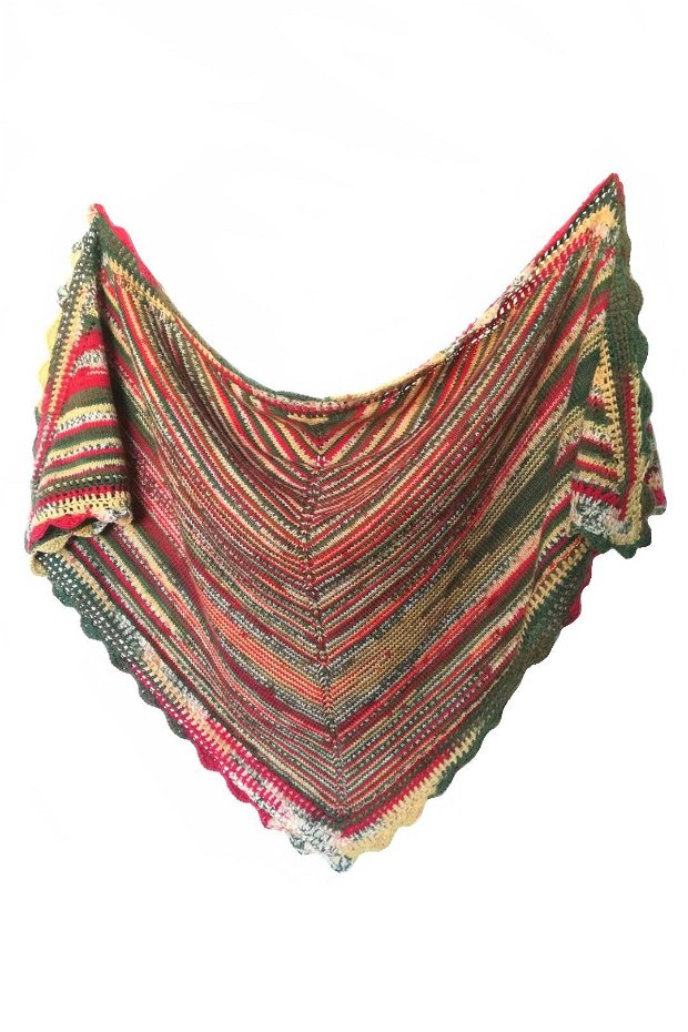 Eșarfă sal triunghiular fular tricotat manual verde rosu crem dungi
