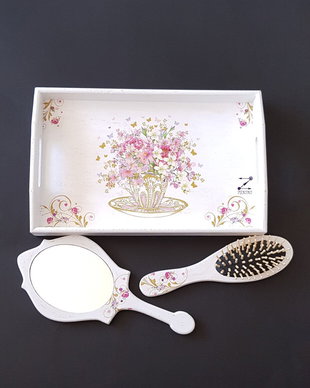 Tava gatitul miresei, set mireasa, set gatitul miresei flori, set perie si oglinda, set nunta, set shabby chic, tava mireasa, set mireasa cu flori