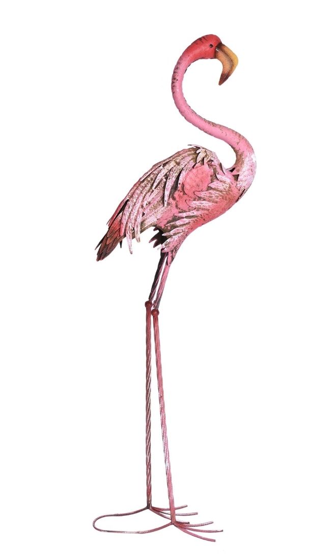 Pasare Flamingo din metal vopsit roz pentru gradina