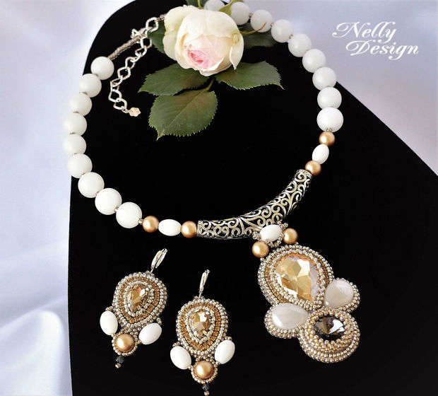 "Milk & Honey" - Set colier si cercei cu cristale, perle Swarovski, jad