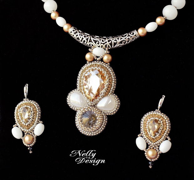 "Milk & Honey" - Set colier si cercei cu cristale, perle Swarovski, jad