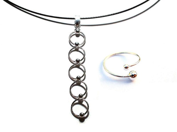 Pandantiv lung si inel delicat din Argint 925 - PA343, IN343 - pandantiv geometric, cadou romantic, colier casual, inel cu bilute, cadou prietena, cadou pentru ea