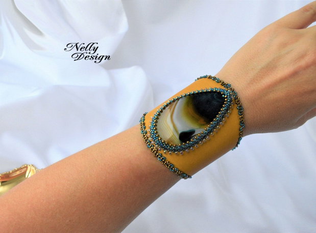 Bratara cuff cu agata si piele naturala