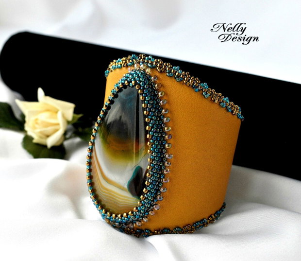 Bratara cuff cu agata si piele naturala
