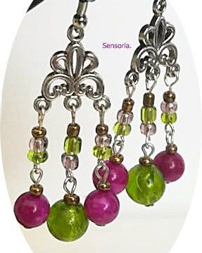 cercei candelabru cu agate fucsia si murano verde