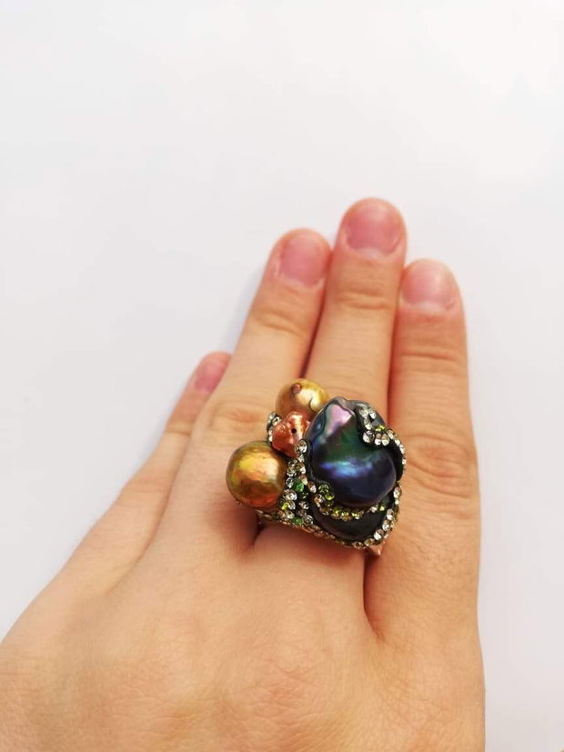 Inel argintat&perla peacock baroq
