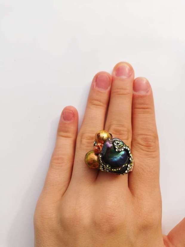 Inel argintat&perla peacock baroq