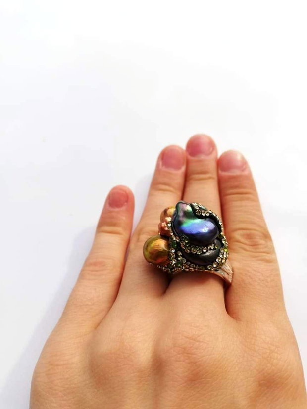 Inel argintat&perla peacock baroq