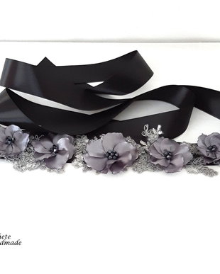 Brau cu dantela si flori satin/Cordon gri/