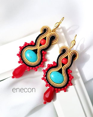 Cercei lungi soutache turcoaz-rosu
