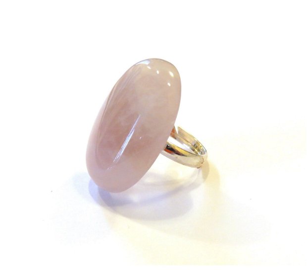 Cercei si inel statement din Argint 925 si Cuart roz - IN606, CE606 - Inel masiv, inel elegant pietre semipretioase, inel reglabil piatra mare, inel mireasa, cercei mireasa, cercei logodna