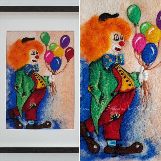 Tablou pictat cu lână  "Așchiuța -the clown"