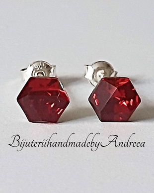 Cercei argint 925 cu piatra Swarovski Hexagon 6mm Scarlet