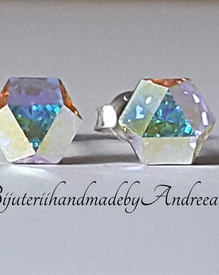 Cercei argint 925 cu piatra Swarovski Hexagon 6mm Crystal AB