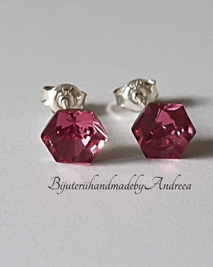 Cercei argint 925 cu piatra Swarovski Hexagon 6mm Rose