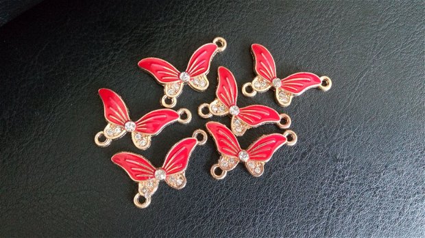 Link fluture roșu cu ștrasuri, nuanță aurie