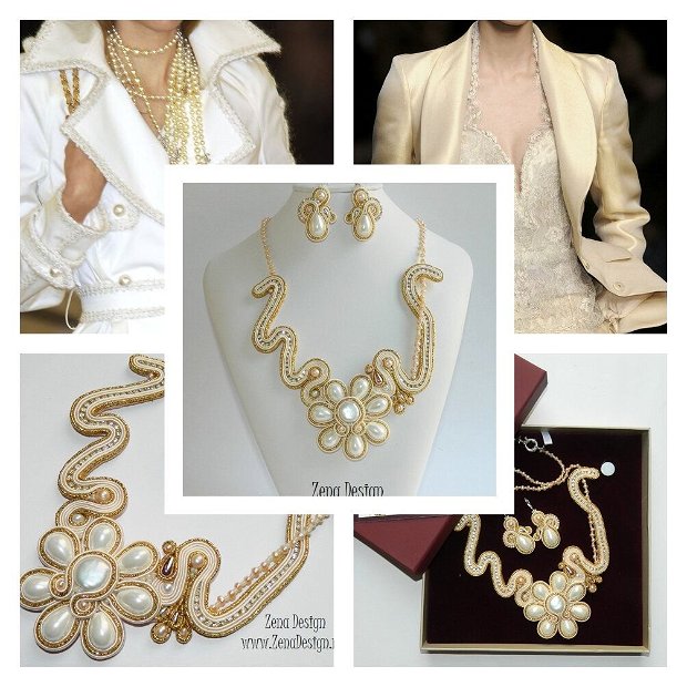 Set bijuterii crem cu auriu, bijuterii cu perle de cultură, colier şi cercei brodaţi manual, bijuterii statement unicat