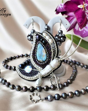 "Magic Butterfly" - Set colier si cercei cu labradorit si perle de cultura