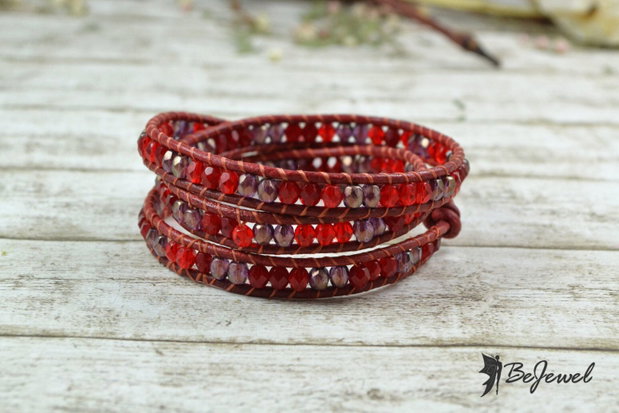 Bratara wrap cu snur de piele si mix de cristale ''Red Riddin' Hood''