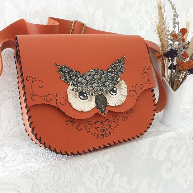 Geanta "Crossbody" handmade unicat- Red Owl