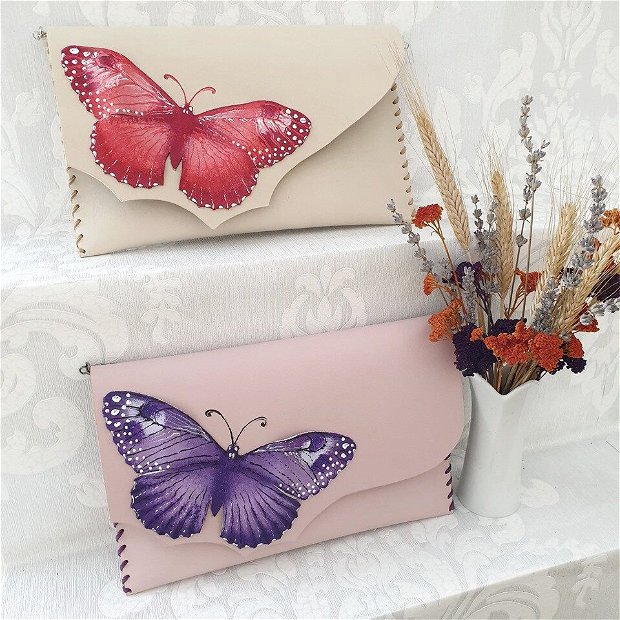 poseta plic handmade unicat din piele -Butterflies in Colors
