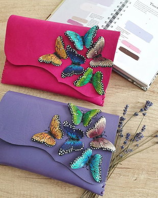 poseta plic handmade unicat din piele -Rainbow Butterflies
