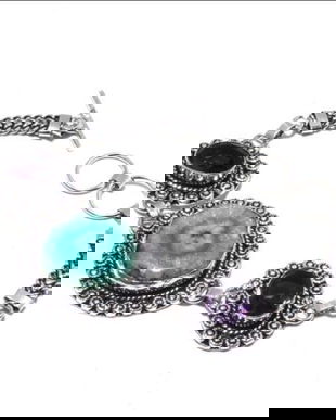 K0863 - Bratara, argint 925, cuart solar druzyverde turcoaz, ametist, 19-20cm,