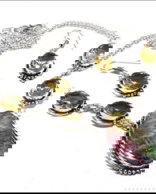 K0859 - SET Colier cercei, argint marcat, cuart solar druzy curcubeu, citrin de sinteza,