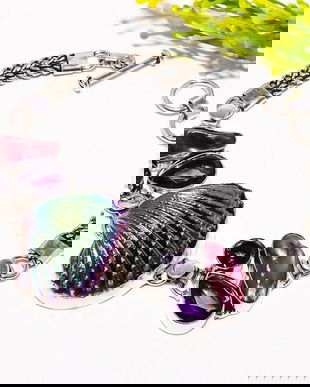 K0951 - Bratara, titanium shell, cupru placat cu argint, perle biwa, ametist de sinteza, 18-20cm REZERVAT