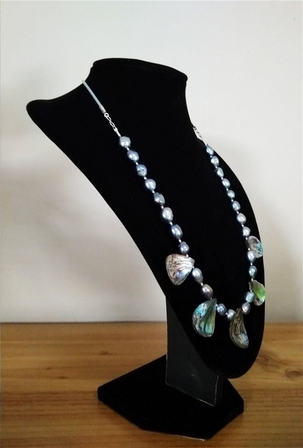Colier cu Perle de cultură, mărgele sidef Abalone și argint