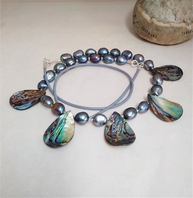 Colier cu Perle de cultură, mărgele sidef Abalone și argint