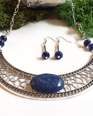 Set/Colier si cercei/lapis lazuli /zamac/argintiu
