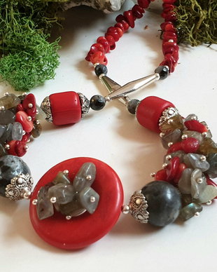 Colier jasp,coral,labradorit si cinabru