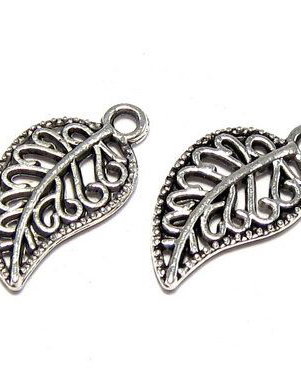 Pandantiv / charm metalic, argintiu antichizat, frunza, 18x10 mm